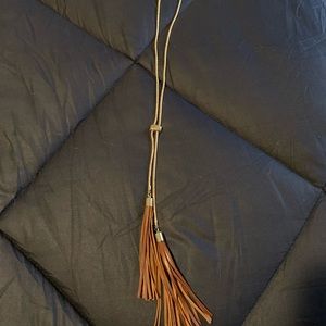 WHBM long gold necklace with tan leather tassels